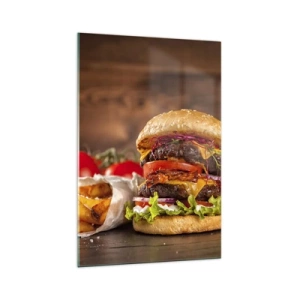 Quadro su vetro - Hamburger appetitoso con extra - 70x100cm - Frutto proibito - Decorazione murale moderna per soggiorno e camera da letto ARTTOR