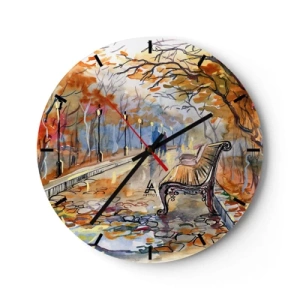 Orologio da parete - Orologio in Vetro - Parco autunnale con una panchina in stile acquerello - 30x30cm - Passeggiando insieme l'autunno - Decorazione murale moderna per soggiorno, cucina e camera da letto ARTTOR