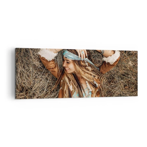 Quadro su tela - Stampe su Tela - Donna in stile boho sdraiata sul fieno - 140x50cm - Verso gli anni dell'amore - Decorazione murale moderna per soggiorno e camera da letto ARTTOR