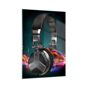 Quadro su vetro - Cuffie da DJ con onde sonore colorate e note musicali - 50x70cm - Nel fuoco della musica - Decorazione murale moderna per soggiorno e camera da letto ARTTOR