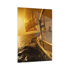 Quadro su vetro - Una barca a vela sullo sfondo del sole al tramonto - 50x70cm - Serata dorata dopo un giorno multicolore - Decorazione murale moderna per soggiorno e camera da letto ARTTOR