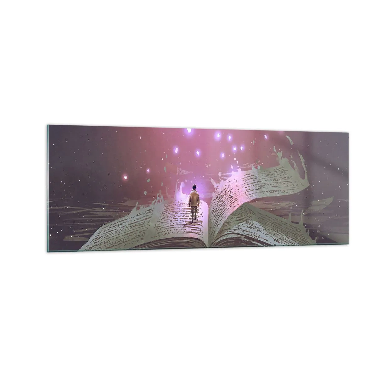 Quadro su vetro - Una figura cammina su un libro aperto in una luce magica. - 140x50cm - Invito ad un altro mondo: leggi! - Decorazione murale moderna per soggiorno e camera da letto ARTTOR