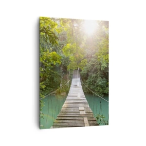 Quadro su tela - Stampe su Tela - Un ponte sospeso in una foresta tropicale illuminato dalla luce del sole. - 70x100cm - Sull'acqua azzurra verso il bosco azzurro - Decorazione murale moderna per soggiorno e camera da letto ARTTOR