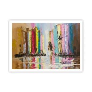 Poster - Una città colorata e una donna in abito bianco con un uccello - 100x70cm - Seguimi - Decorazione murale moderna per soggiorno e camera da letto ARTTOR