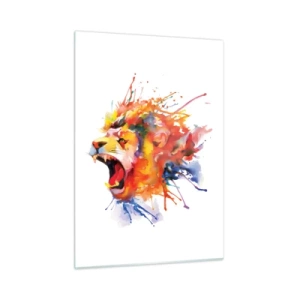 Quadro su vetro - Leone colorato in stile acquerello su sfondo bianco - 50x70cm - Esplosione d'ira - Decorazione murale moderna per soggiorno e camera da letto ARTTOR