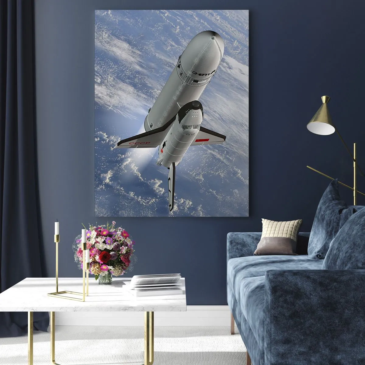 Quadro su vetro - Uno space shuttle decolla nello spazio con la Terra sullo sfondo. - 50x70cm - Ascensione cosmica - Decorazione murale moderna per soggiorno e camera da letto ARTTOR