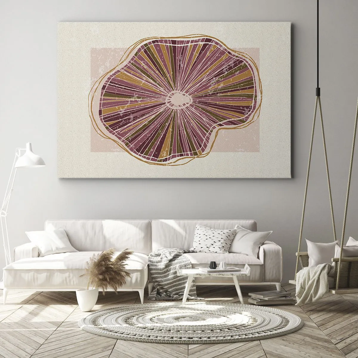 Quadro su tela - Stampe su Tela - Motivo astratto a fette di albero in tonalità rosa - 70x50cm - Astrazione raggiante - Decorazione murale moderna per soggiorno e camera da letto ARTTOR