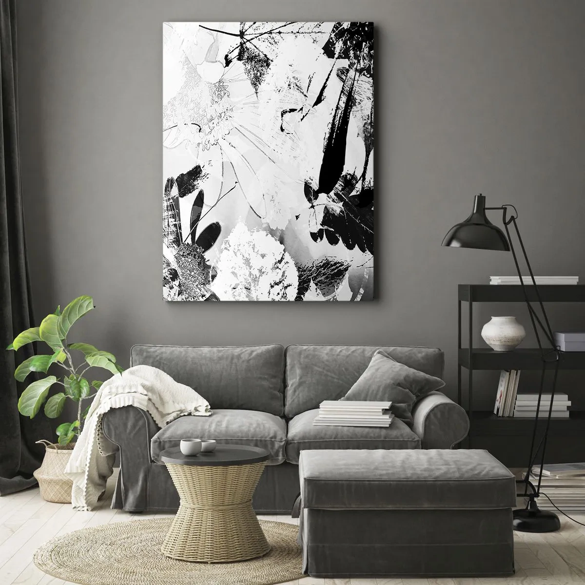 Quadro su tela - Stampe su Tela - Fiori astratti in bianco e nero in stile minimalista - 50x70cm - Autunno in negativo - Decorazione murale moderna per soggiorno e camera da letto ARTTOR
