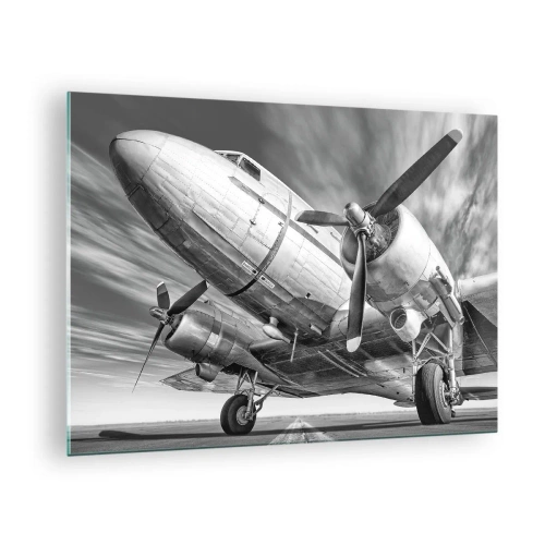 Quadro su vetro - Un aereo a elica bianco e nero sulla pista - 70x50cm - Sempre pronto al volo - Decorazione murale moderna per soggiorno e camera da letto ARTTOR