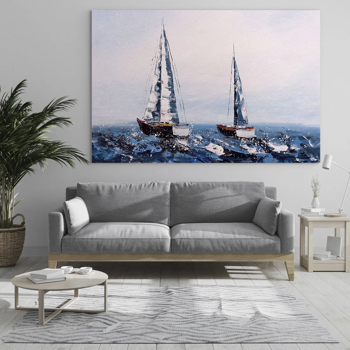 Quadro su vetro - Due yacht su un mare in tempesta in uno stile pittorico impressionista. - 120x80cm - Fratellanza nel vento - Decorazione murale moderna per soggiorno e camera da letto ARTTOR