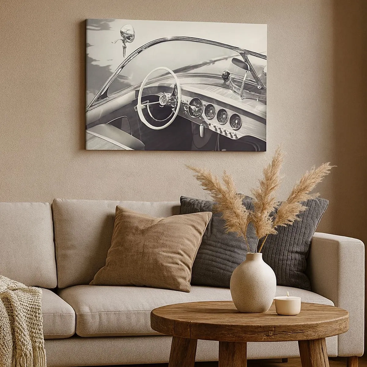 Quadro su tela - Stampe su Tela - Interni di auto d'epoca in stile monocromatico - 70x50cm - Il ricco e il povero - Decorazione murale moderna per soggiorno e camera da letto ARTTOR