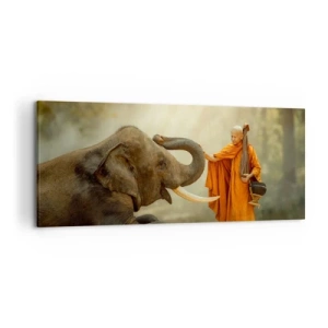 Quadro su tela - Stampe su Tela - Un monaco e un elefante in armonia sullo sfondo della natura - 120x50cm - Incontro nel viaggio - Decorazione murale moderna per soggiorno e camera da letto ARTTOR
