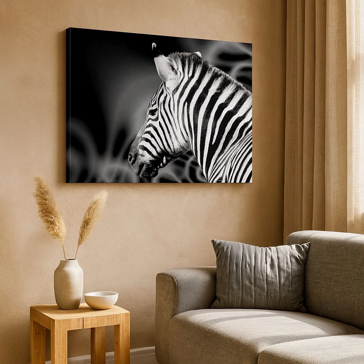 Quadro su tela - Stampe su Tela - Ritratto in bianco e nero di una zebra su uno sfondo di motivi astratti. - 70x50cm - Il bianco è bianco, il nero è nero - Decorazione murale moderna per soggiorno e camera da letto ARTTOR