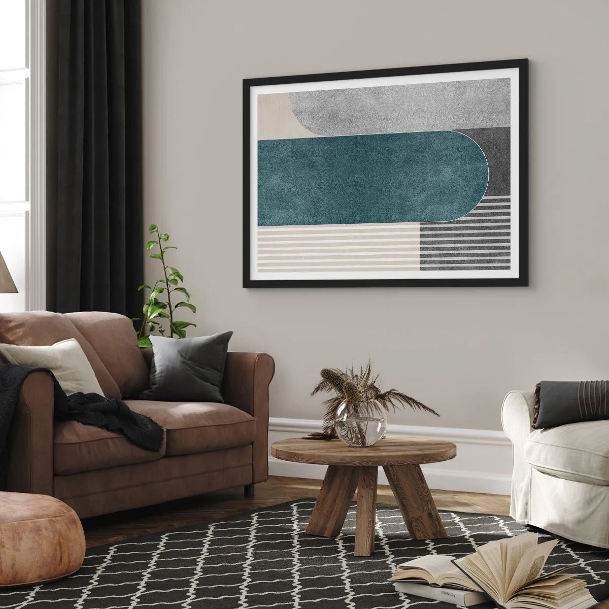 Poster in cornice nera - Astrazione geometrica nei toni del grigio e del verde - 70x50cm - Composizione orizzontale  - Decorazione murale moderna per soggiorno e camera da letto ARTTOR