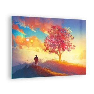 Quadro su vetro - Una figura sullo sfondo di un cielo colorato e un albero dai colori caldi - 70x50cm - Pellegrino alla meta - Decorazione murale moderna per soggiorno e camera da letto ARTTOR