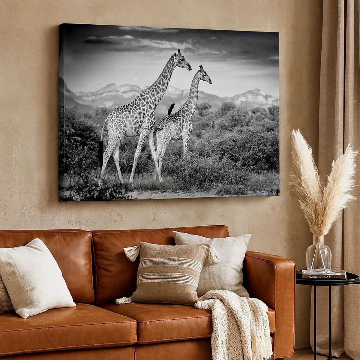 Quadro su tela - Stampe su Tela - Sagome in bianco e nero di due giraffe nella savana - 70x50cm - Alta classe in Africa - Decorazione murale moderna per soggiorno e camera da letto ARTTOR