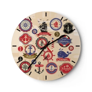 Orologio da parete - Orologio in Vetro - Grafica nautica colorata su sfondo beige - 30x30cm - Fratellanza di vela - Decorazione murale moderna per soggiorno, cucina e camera da letto ARTTOR