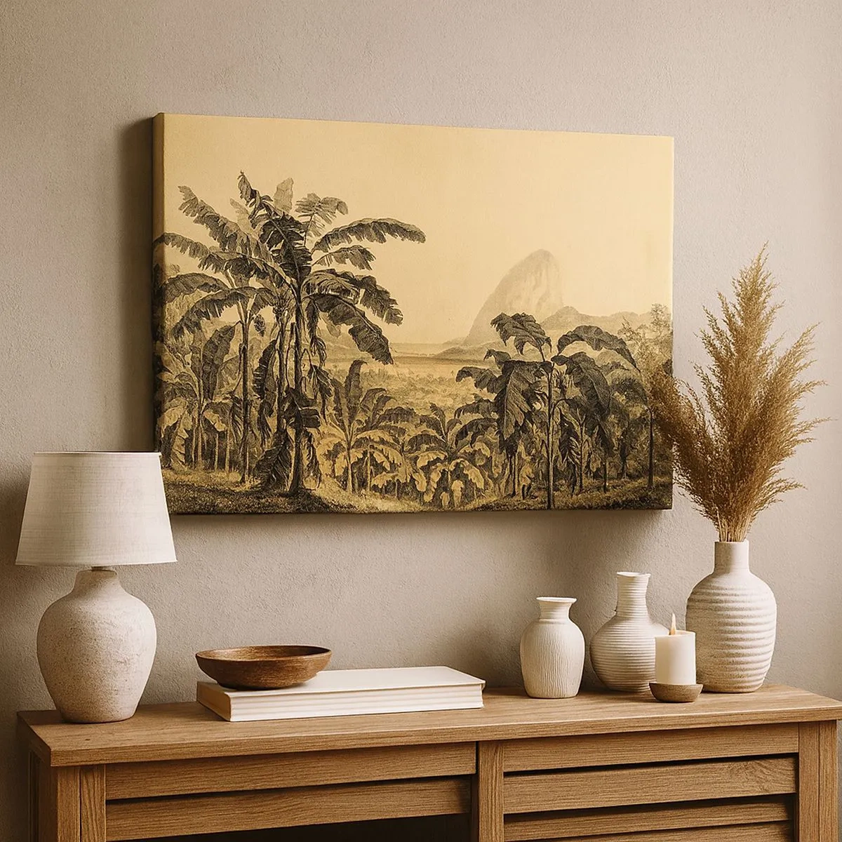 Quadro su tela - Stampe su Tela - Disegno di alberi di banana su uno sfondo di paesaggio tropicale - 70x50cm - Nel clima coloniale - Decorazione murale moderna per soggiorno e camera da letto ARTTOR