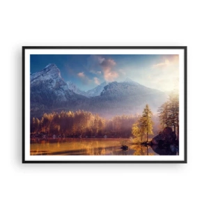 Poster in cornice nera - Vista pittoresca della foresta di montagna e del lago all'alba - 100x70cm - Sui monti e nelle valli - Decorazione murale moderna per soggiorno e camera da letto ARTTOR