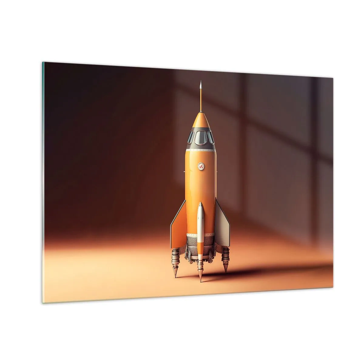 Quadro su vetro - Un razzo arancione su uno sfondo di luce soffusa - 100x70cm - Si inizia dai sogni - Decorazione murale moderna per soggiorno e camera da letto ARTTOR