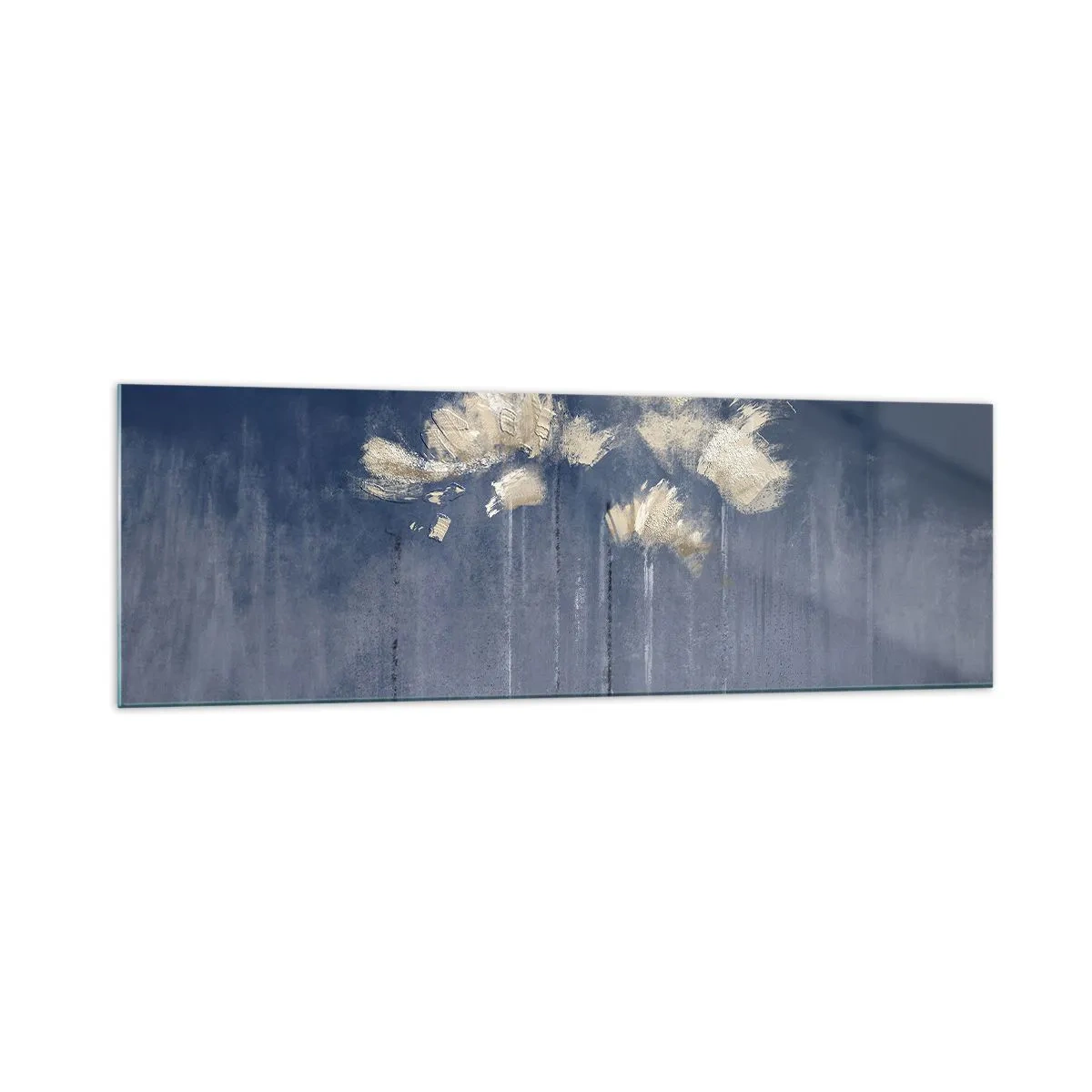 Quadro su vetro - Delicati fiori su sfondo blu - 160x50cm - Come petali al vento - Decorazione murale moderna per soggiorno e camera da letto ARTTOR