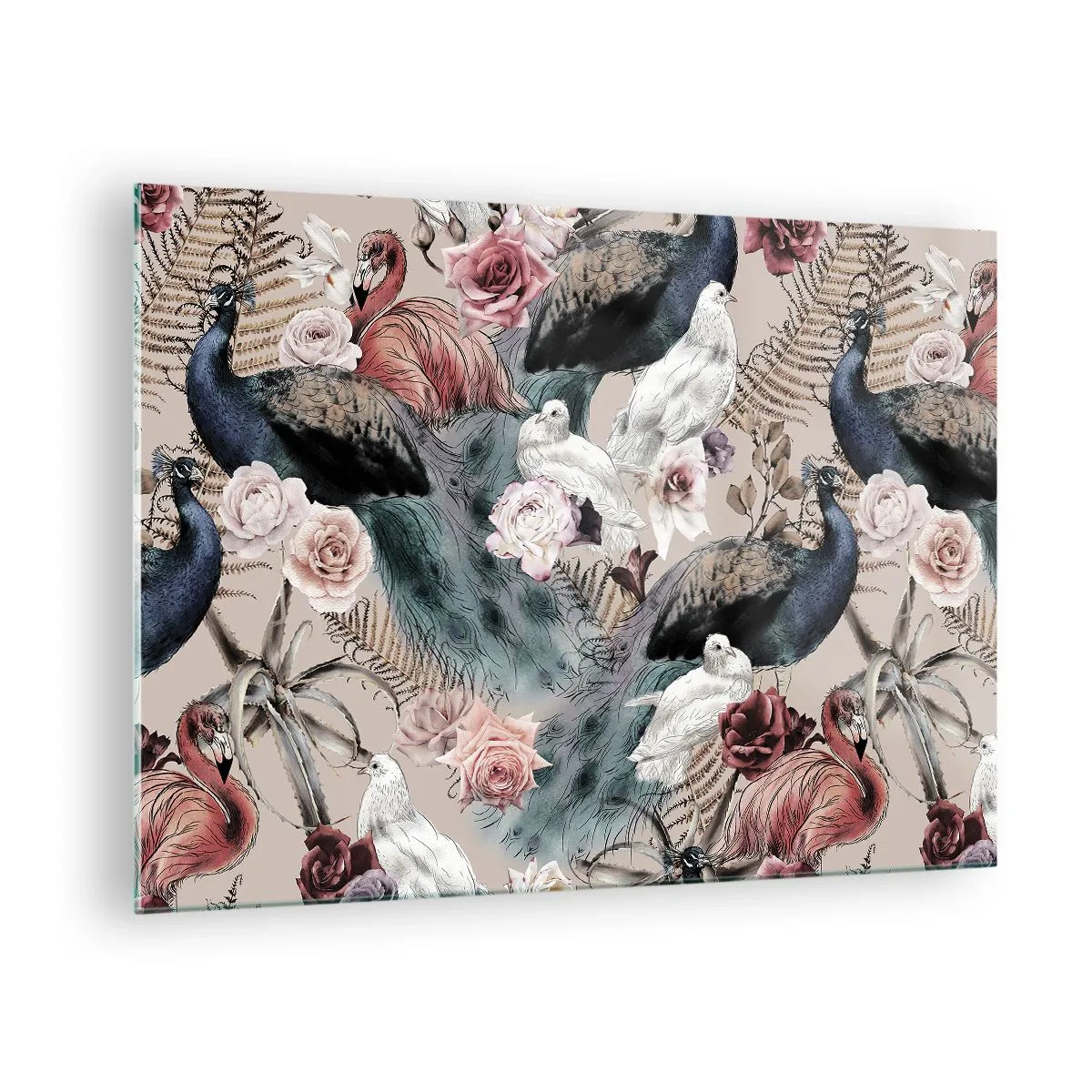 Quadro su vetro - Pavoni e fenicotteri circondati da rose e felci - 70x50cm - Nel giardino del palazzo - Decorazione murale moderna per soggiorno e camera da letto ARTTOR