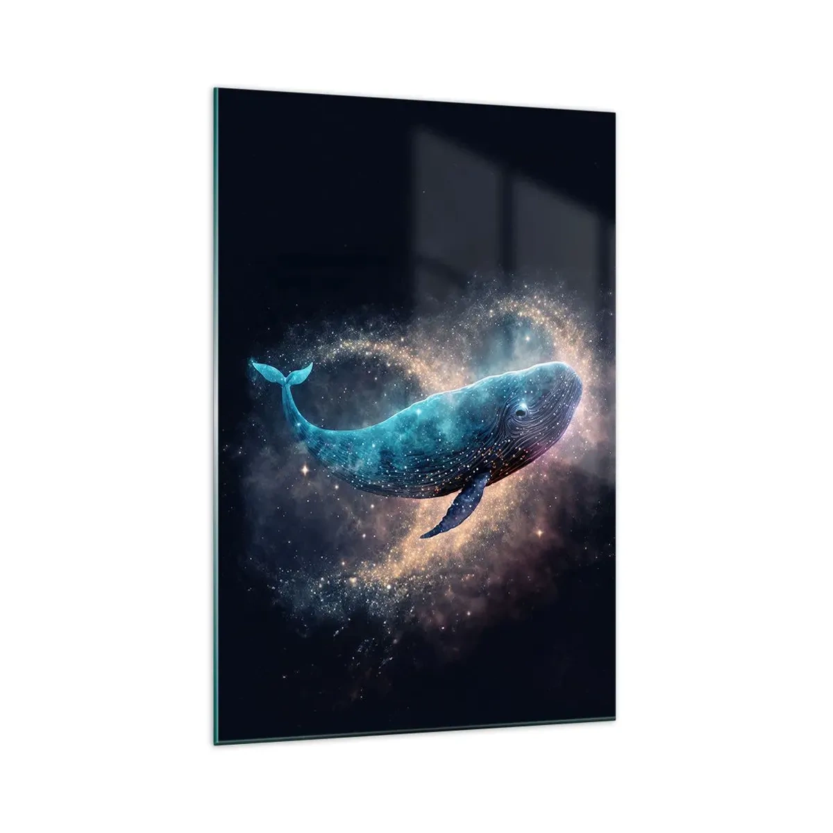 Quadro su vetro - Una balena spaziale con una galassia sullo sfondo - 70x100cm - Esiste un mondo... - Decorazione murale moderna per soggiorno e camera da letto ARTTOR