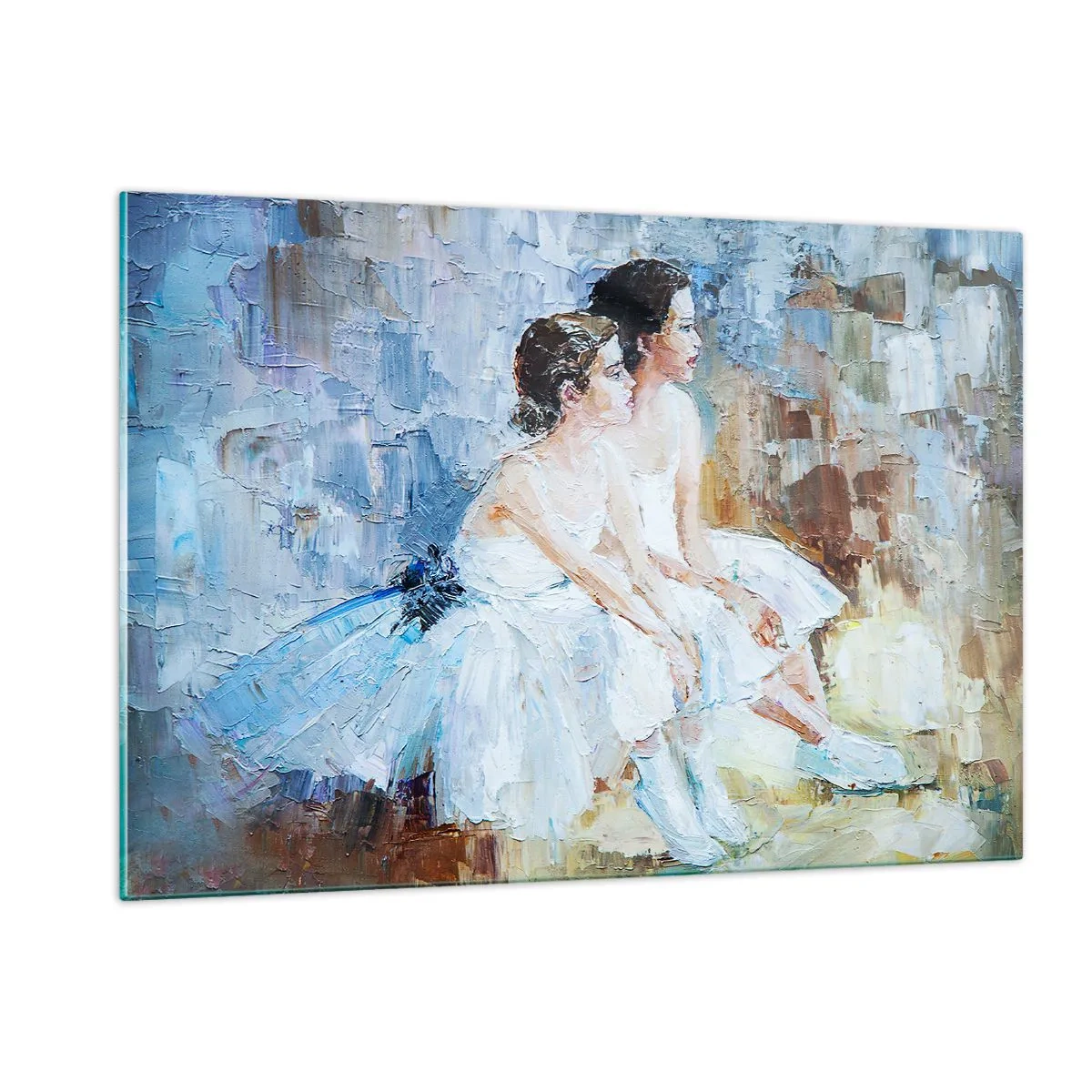 Quadro su vetro - Due ballerine in abiti bianchi su uno sfondo impressionista - 120x80cm - Il riposo dei giovani cigni - Decorazione murale moderna per soggiorno e camera da letto ARTTOR