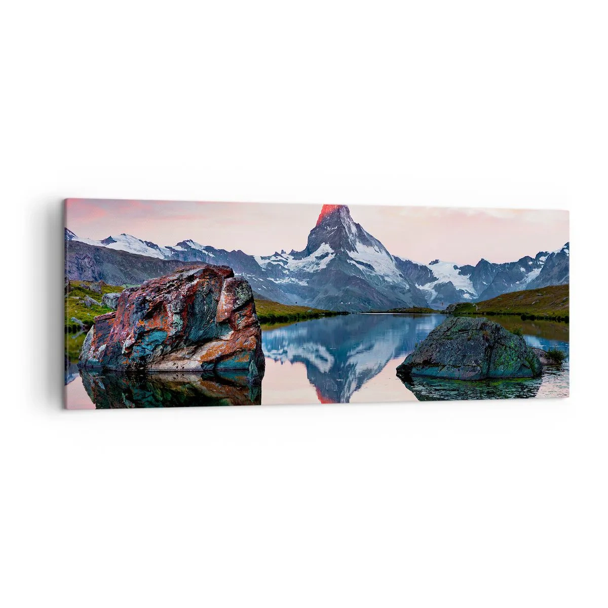 Quadro su tela - Stampe su Tela - Una cima di montagna riflessa in un lago al tramonto - 140x50cm - Il cuore dei monti è rovente - Decorazione murale moderna per soggiorno e camera da letto ARTTOR
