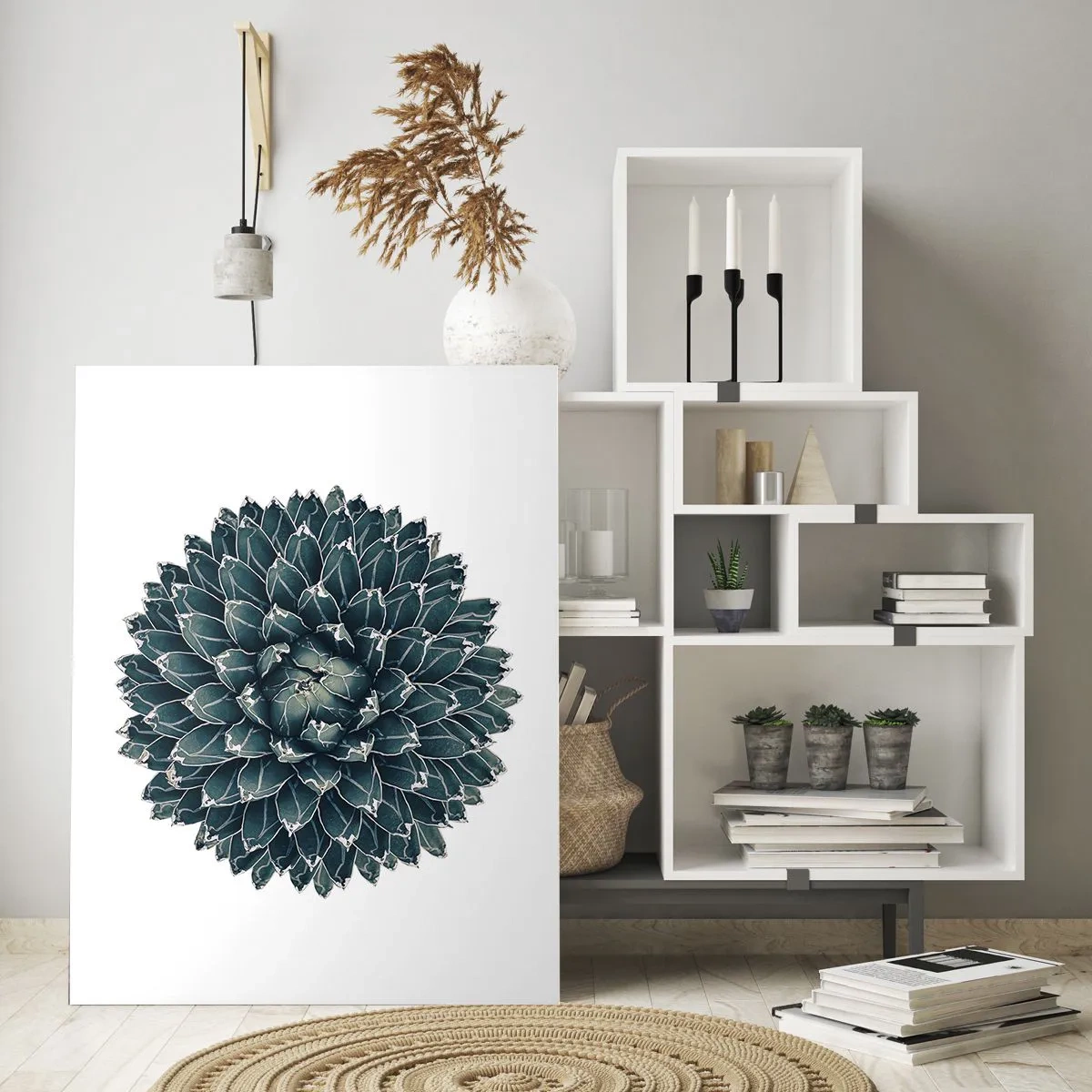 Quadro su vetro - Motivo simmetrico di pianta succulenta su sfondo bianco - 50x70cm - La stella del deserto - Decorazione murale moderna per soggiorno e camera da letto ARTTOR