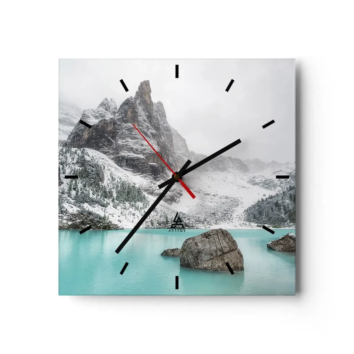 Orologio da parete - Orologio in Vetro - Un paesaggio montano con un lago circondato da cime innevate - 30x30cm - Di guardia - Decorazione murale moderna per soggiorno e camera da letto ARTTOR
