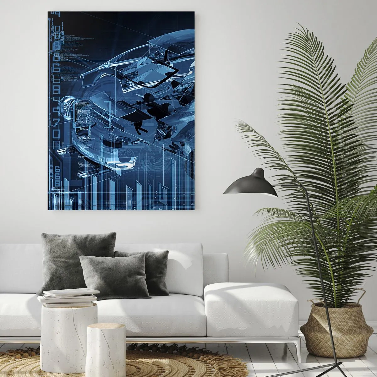 Quadro su vetro - Un disegno tecnico moderno di un'auto con elementi strutturali - 70x100cm - Anatomia ingegneristica - Decorazione murale moderna per soggiorno e camera da letto ARTTOR