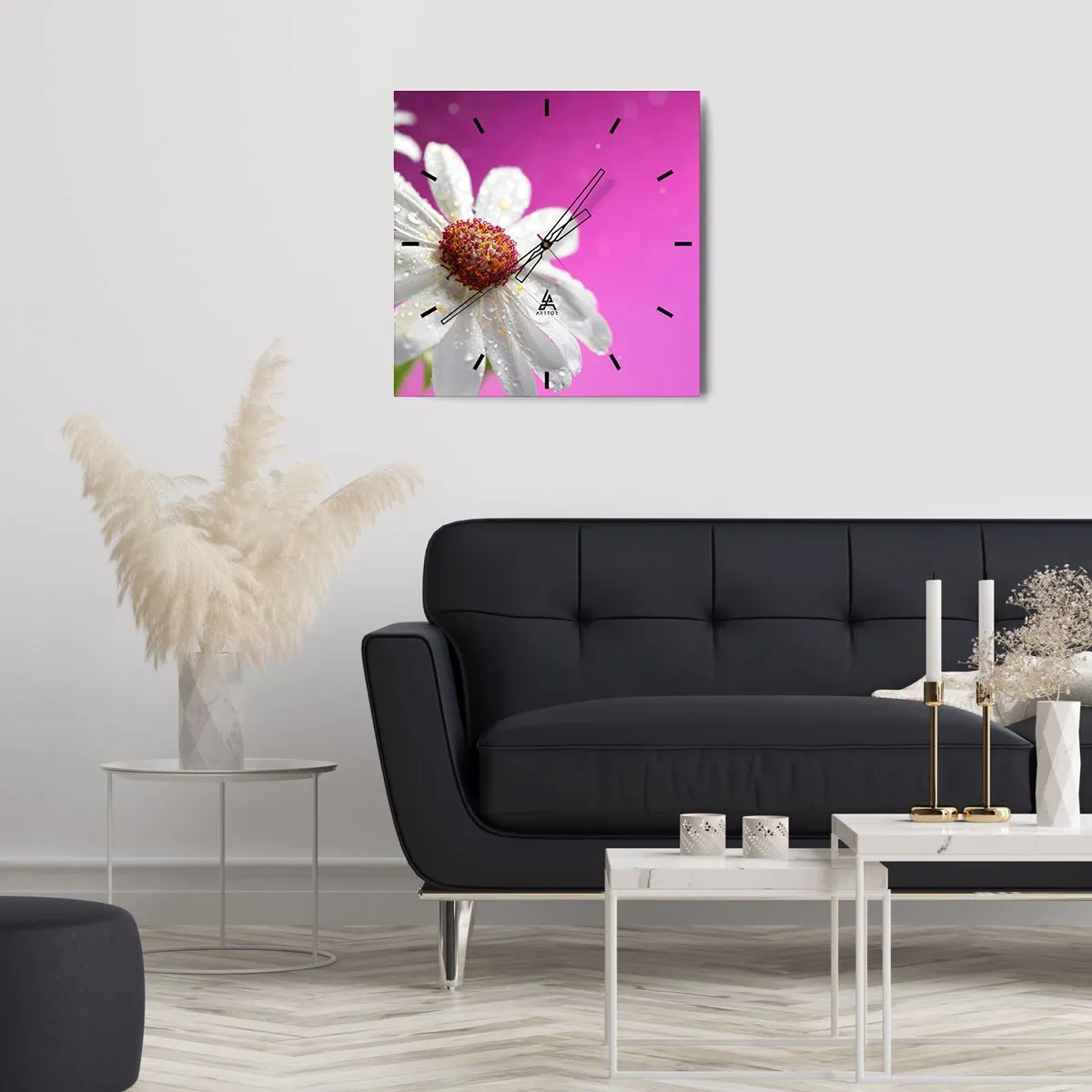 Orologio da parete - Orologio in Vetro - Una margherita bianca ricoperta di gocce d'acqua su uno sfondo rosa - 30x30cm - Modesto nella sua bellezza - Decorazione murale moderna per soggiorno e camera da letto ARTTOR