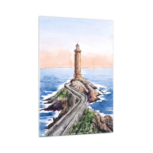 Quadro su vetro - Un faro su una costa rocciosa - 70x100cm - Rivolto verso il mare - Decorazione murale moderna per soggiorno e camera da letto ARTTOR
