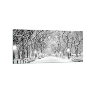 Quadro su vetro - Un vicolo invernale con alberi innevati in bianco e nero - 120x50cm - Quattro stagioni: l'inverno - Decorazione murale moderna per soggiorno e camera da letto ARTTOR