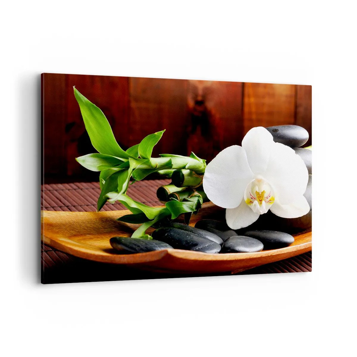 Quadro su tela - Stampe su Tela - Orchidea bianca con bambù su sfondo di pietra in stile Zen - 100x70cm - Lasciati toccare dalla natura - Decorazione murale moderna per soggiorno e camera da letto ARTTOR