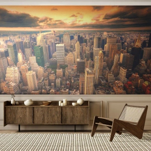 Fotomurali Premium Sand - Panorama della città con grattacieli al tramonto - 100x70cm - Metropolis dorata - Decorazione murale moderna per soggiorno e camera da letto ARTTOR