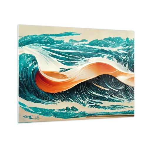 Quadro su vetro - Onde turchesi con un nastro arancione in stile surreale - 70x50cm - Il sogno del surfista - Decorazione murale moderna per soggiorno e camera da letto ARTTOR