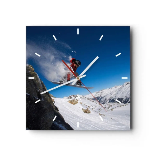 Orologio da parete - Orologio in Vetro - Uno snowboarder salta da una roccia contro un paesaggio montano - 30x30cm - E diventi parte del panorama - Decorazione murale moderna per soggiorno e camera da letto ARTTOR