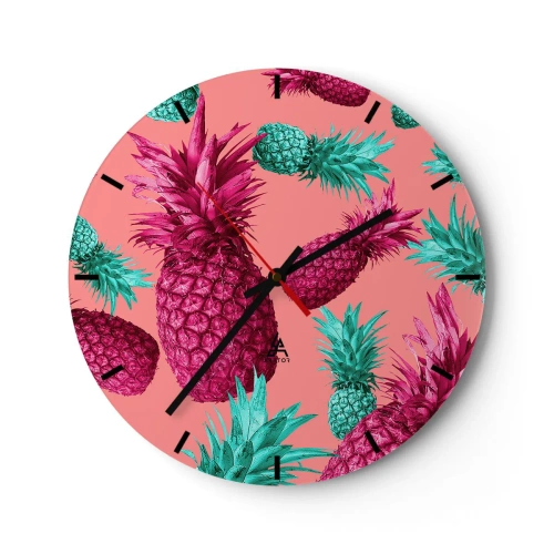Orologio da parete - Orologio in Vetro - Ananas rosa e verdi su sfondo rosa pastello - 30x30cm - La libertà è dolce - Decorazione murale moderna per soggiorno, cucina e camera da letto ARTTOR