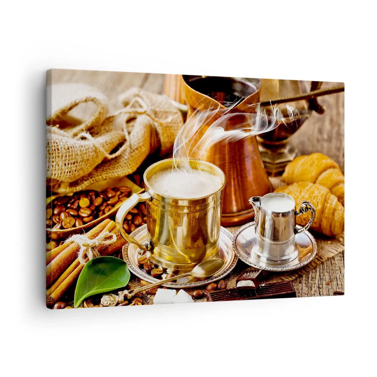 Quadro su tela - Stampe su Tela - Una tazza di caffè dorata circondata da chicchi, brocche e croissant - 70x50cm - Buona giornata! - Decorazione murale moderna per soggiorno e camera da letto ARTTOR
