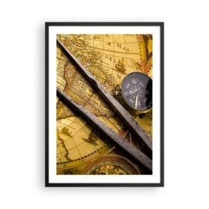 Poster in cornice nera - Vecchia mappa con bussola e strumenti di navigazione - 50x70cm - Dove sono questi tesori? - Decorazione murale moderna per soggiorno e camera da letto ARTTOR