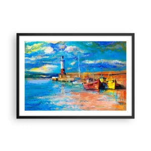 Poster in cornice nera - Porto di pescatori con barche e un faro dai colori vivaci - 70x50cm - Pomeriggio nell'insenatura multicolore - Decorazione murale moderna per soggiorno e camera da letto ARTTOR
