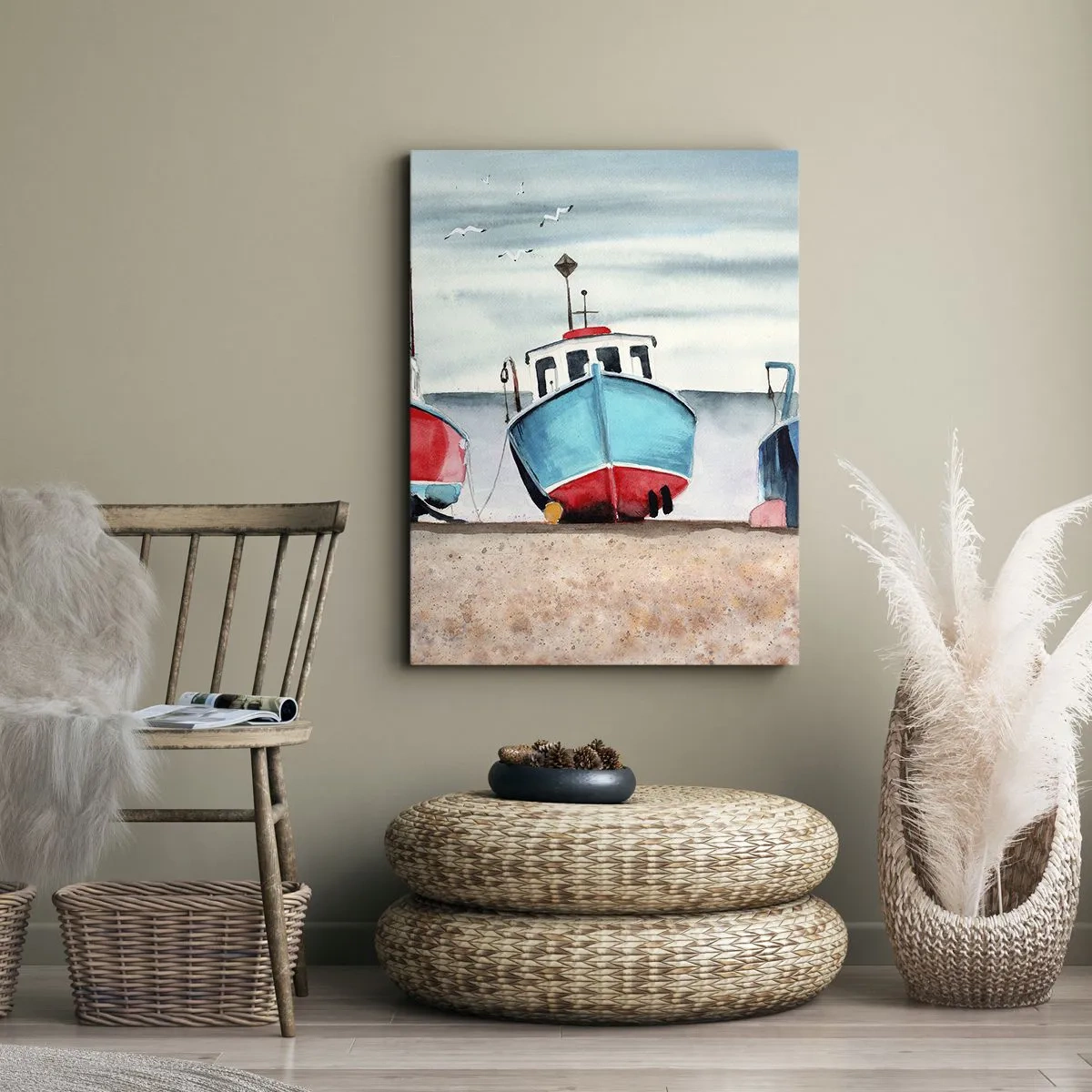 Quadro su tela - Stampe su Tela - Colorate barche da pesca sulla riva in un paesaggio marino - 80x120cm - Pronte alla pesca - Decorazione murale moderna per soggiorno e camera da letto ARTTOR