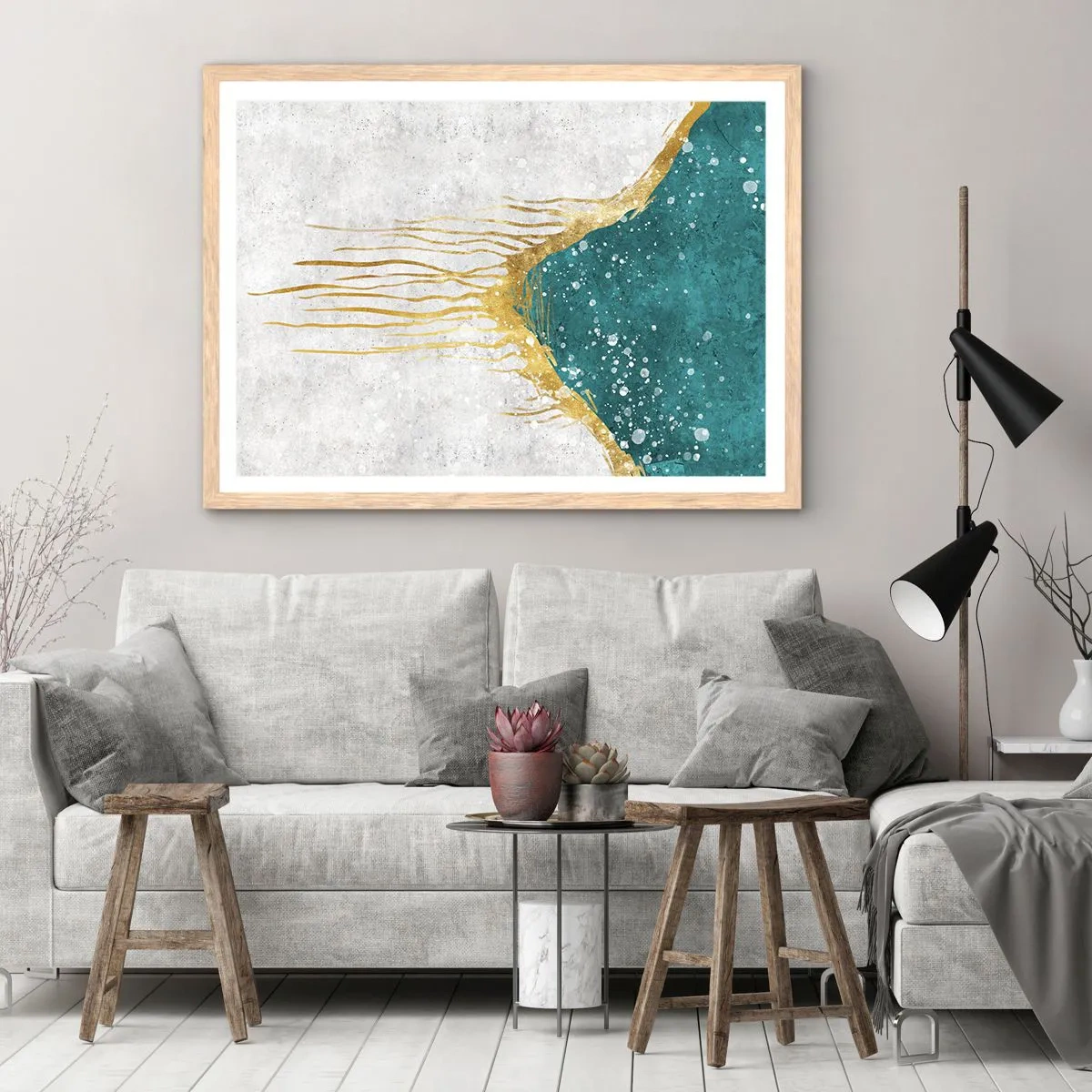 Poster in cornice rovere chiaro - Flusso dorato - 100x70 cm