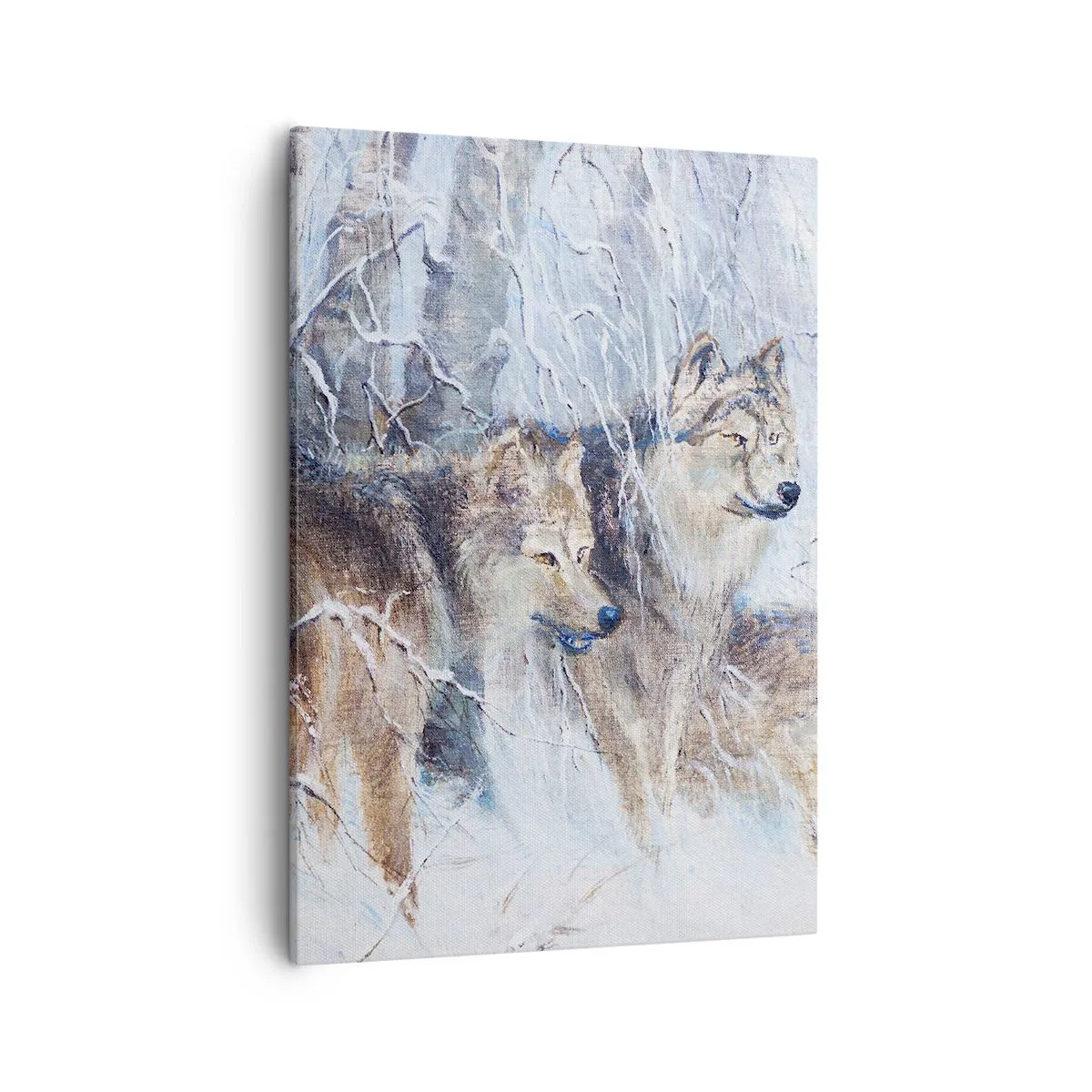 Quadro su tela - Stampe su Tela - Lupi in una foresta invernale contro uno sfondo innevato - 50x70cm - Attenzione! In arrivo... - Decorazione murale moderna per soggiorno e camera da letto ARTTOR