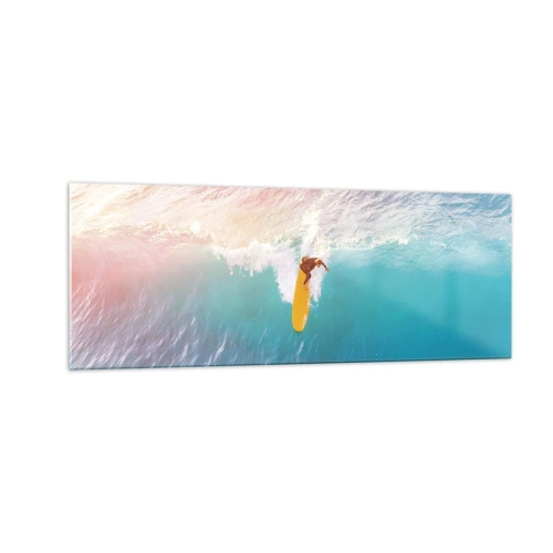 Quadro su vetro - Surfista su un'onda in colori pastello - 140x50cm - Il cavaliere dell'oceano - Decorazione murale moderna per soggiorno e camera da letto ARTTOR
