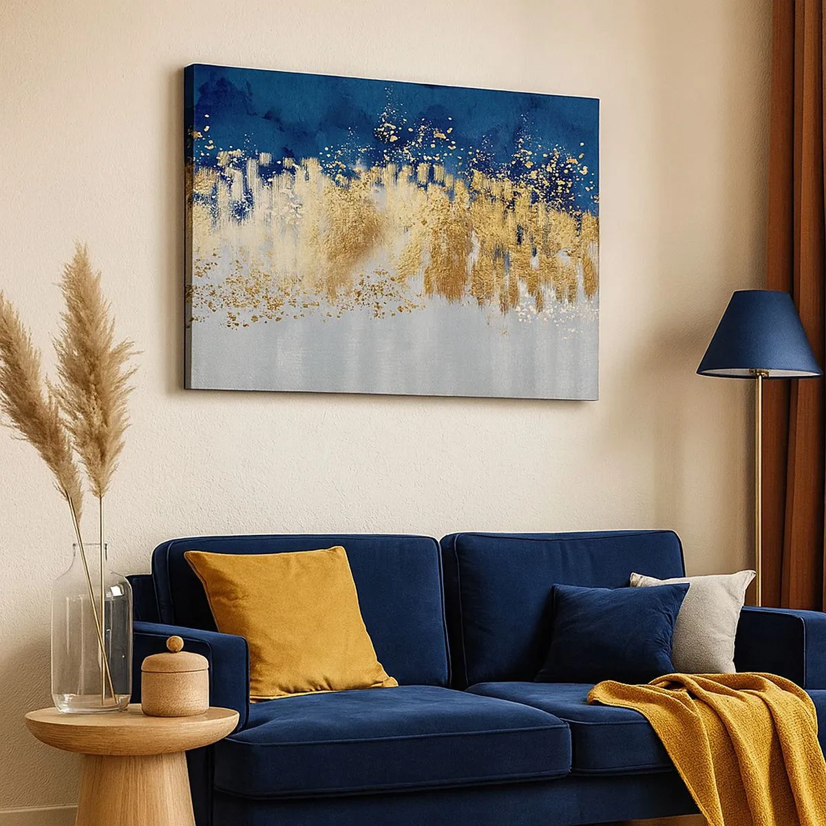Quadro su tela - Stampe su Tela - Una composizione astratta nei toni dell'oro e del blu navy. - 70x50cm - Composizione moderna con bagliore - Decorazione murale moderna per soggiorno e camera da letto ARTTOR
