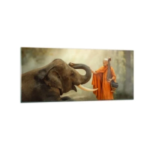Quadro su vetro - Un monaco e un elefante in armonia sullo sfondo della natura - 120x50cm - Incontro nel viaggio - Decorazione murale moderna per soggiorno e camera da letto ARTTOR