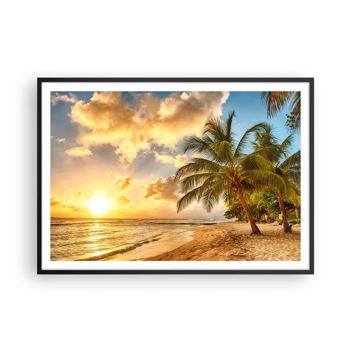 Poster in cornice nera - Spiaggia con palme e tramonto sull'oceano - 100x70cm - Estate perpetua, vacanze per sempre - Decorazione murale moderna per soggiorno e camera da letto ARTTOR